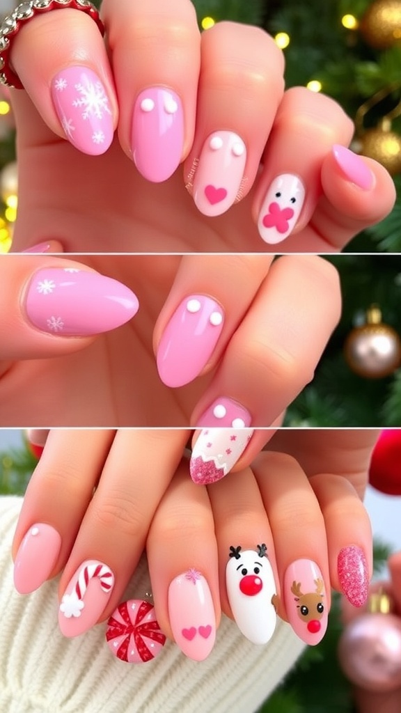 Kawaii Pink Christmas Nail Art Kawaii pink Christmas nails with snowflakes, candy canes, and reindeer designs.